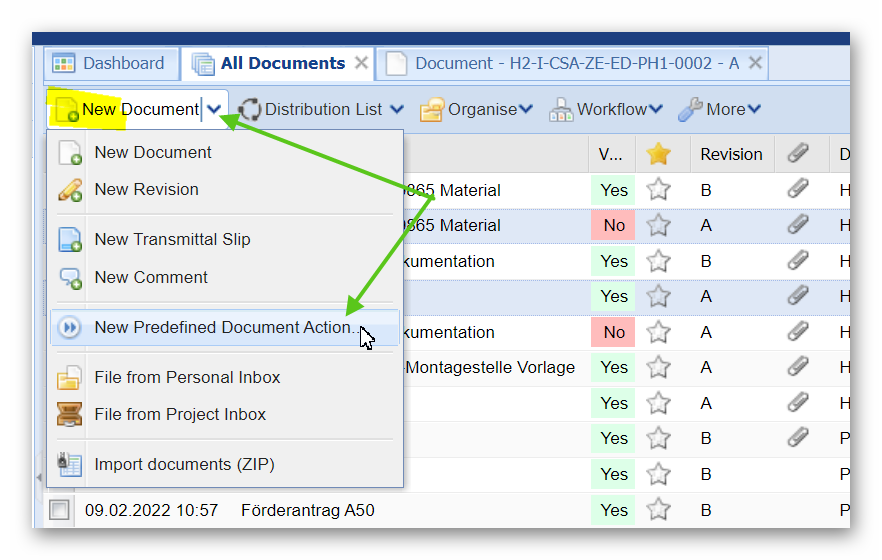 Predefined document actions