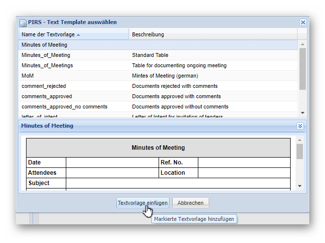 Textvorlage einfügen