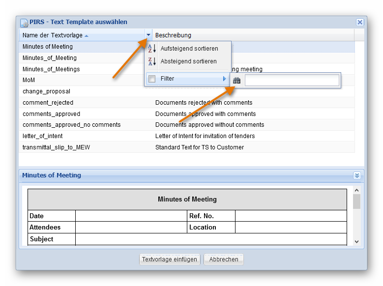 Textvorlagen filtern